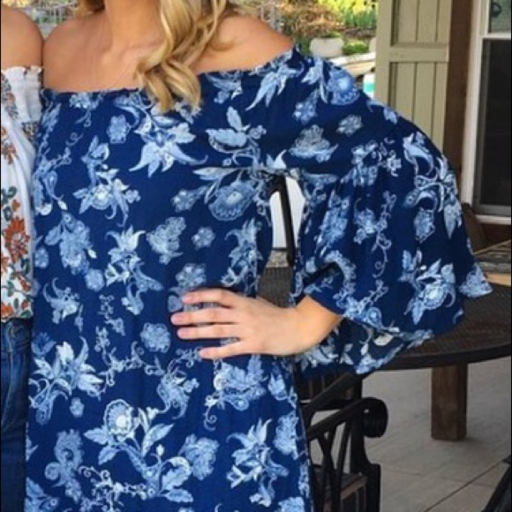 Knox Rose Blue Floral Off The Shoulder Dress XS